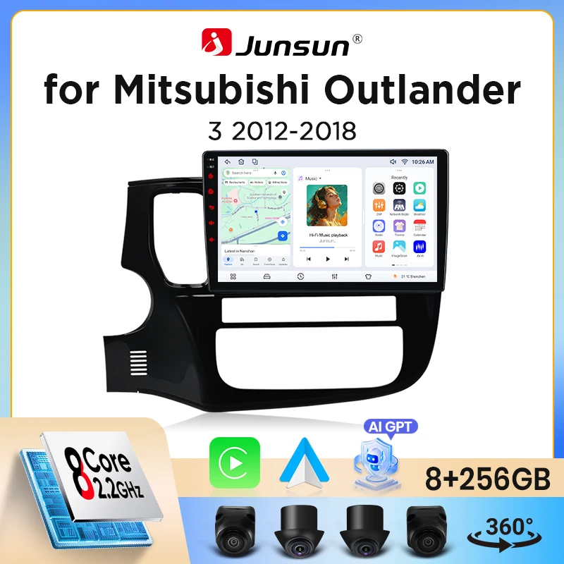 Junsun Wireless CarPlay Android Auto Autoradio für Mitsubishi Outlander Mk3 (GF/GG) 2012-2021 mit integriertem Lüfter, Android GPS-Navigation, Multimedia-Player, WiFi, DSP, RDS, BT, SWC, Image