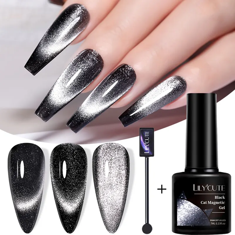 LILYCUTE 7ML Black Cat Magnetic Gel Sparking Glitter Gel Nagellack Semi Permanent Soak Off UV Gel Nail Art mit Magnetstab Image