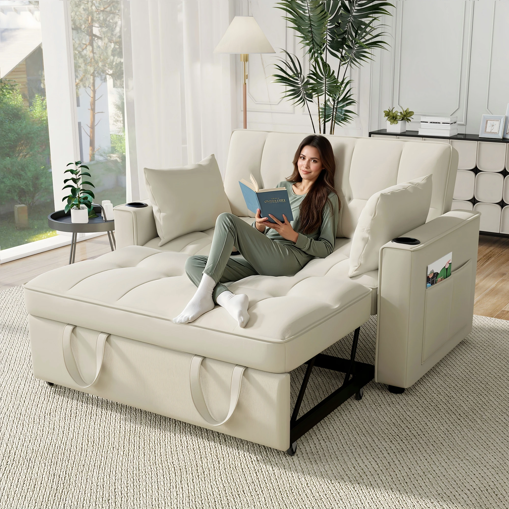 Klappbares Schlafsofa, multifunktionales Sofa mit Schlaffunktion, Schlafsofa mit Getränkehalter und Kissen, geeignet für Wohnzimmer