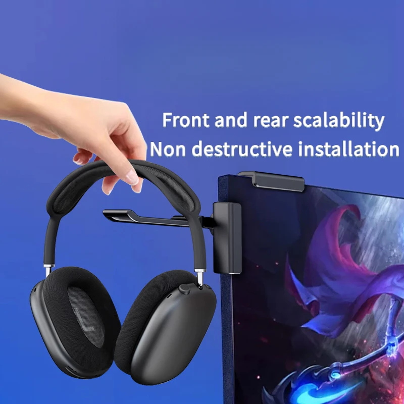 Faltbarer Over-Ear-Kopfhörerständer, schlankes Design, zerstörungsfreie Installation, Monitorhaken aus schwarzem Kunststoff, für Zuhause Image