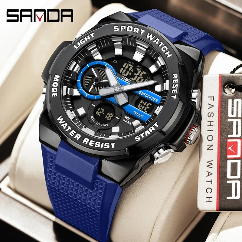 SANDA Neue Herren-Sportuhren, modisch, großes Zifferblatt, Militär-Multifunktionsuhr, wasserdicht, LED, leuchtend, analog, Luxusuhr Image