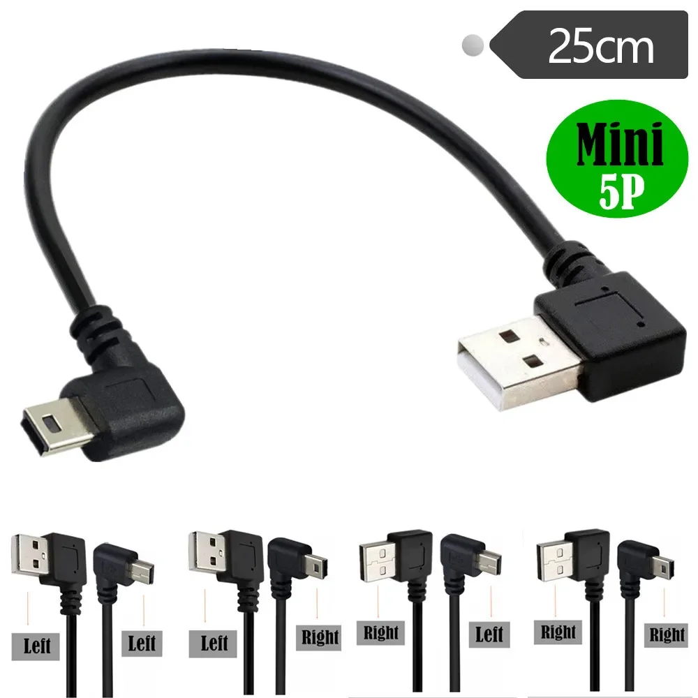Doppeltes 90-Grad-rechtwinkliges Mini-USB-5-Pin-T-Port-Kurz-USB-Kabel Typ A-Stecker auf Mini-B-Schnellladegerät, kurzes Datumskabel, 25 cm, 0,5 m Image