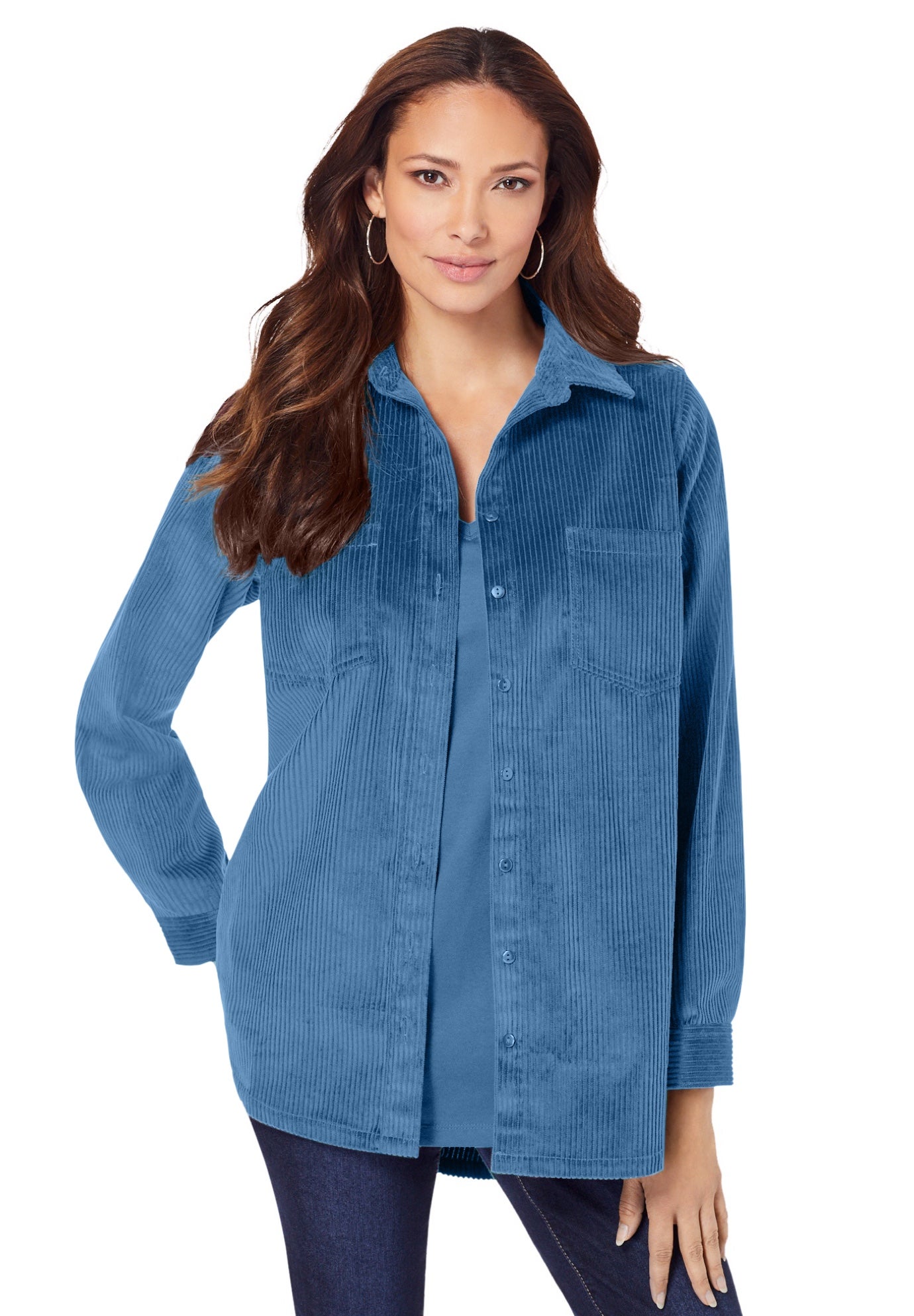 Plus Size Women's Corduroy Button-Front Shirt by Roaman's in Dusty Indigo (Size 38 W) Button Down