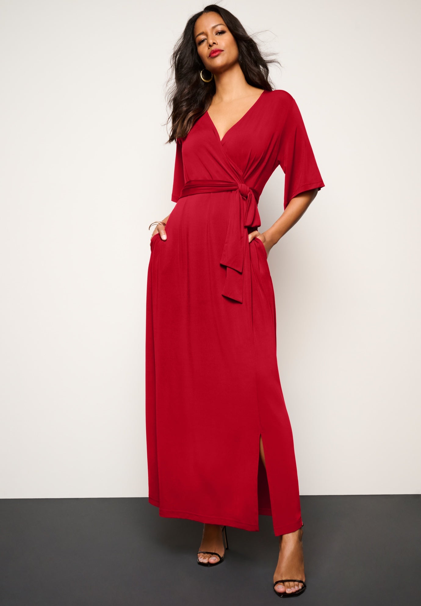 Plus Size Women's Plus Size Flutter Sleeve Wrap Maxi Dress by Roaman's in Classic Red (Size 26/28)
