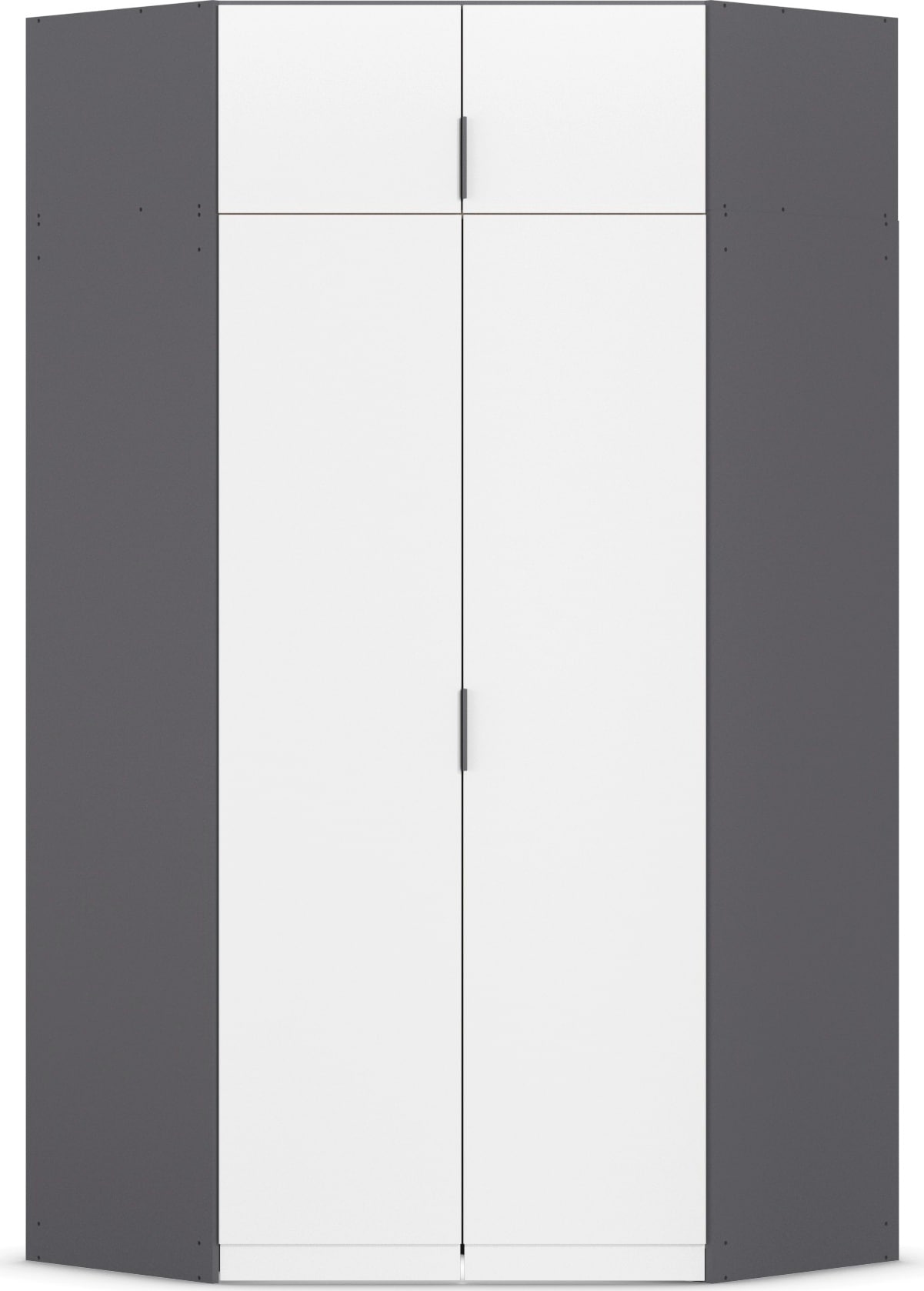 Kleiderschrank RAUCH "Eckschrank Schrank Ankleidezimmer Schlafzimmer Garderobe LAGOA", graumetallic, alpinweiß, B:117cm H:235cm T:117cm, Holzwerkstoff, Schränke, voll ausgestattet viel Stauraum, optional mit Aufsatz MADE IN GERMANY Image