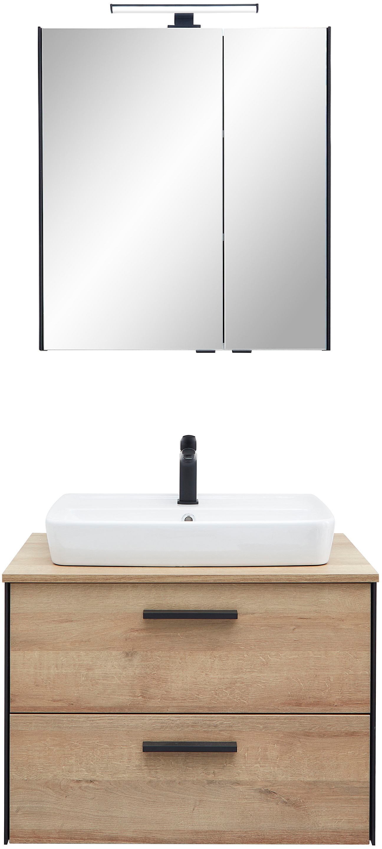 Badmöbel-Set SAPHIR "Quickset 395 2-teilig, Keramik-Aufsatzbecken mit LED-Spiegelschrank", braun, Riviera Eiche quer Nachbildungmit schwarzem L-Profil vorne, Kastenmöbel-Sets, Waschplatz 73 cm breit, 2 Schubladen, Waschtischplatte, Bad-Set Image