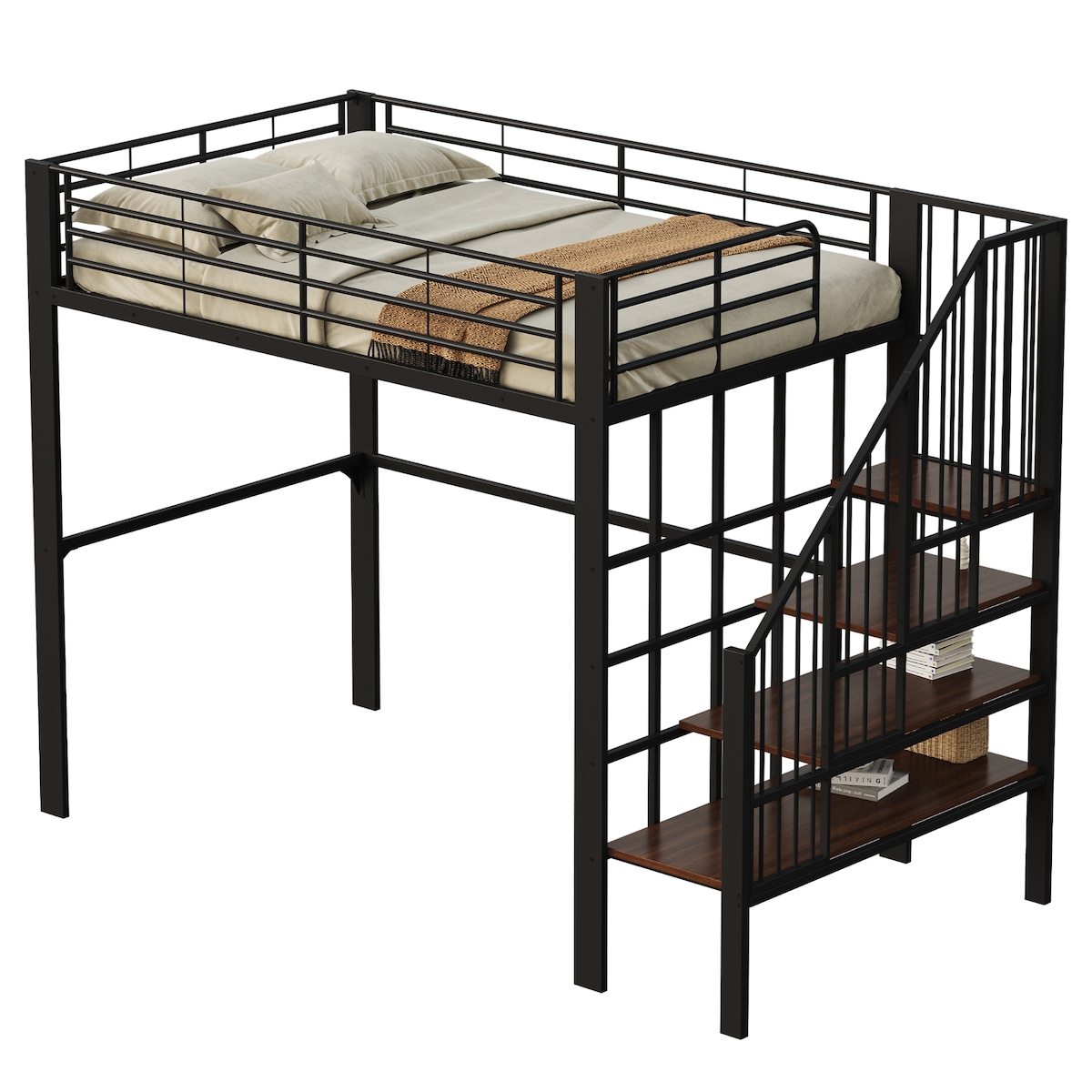 OKWISH Hochbett 140x200 Metall mit Treppe und Stauraum, robust, platzsparend, modernes Design, Bettgestell Schwarz für Schlafzimmer, stabiler Bettrahmen Image
