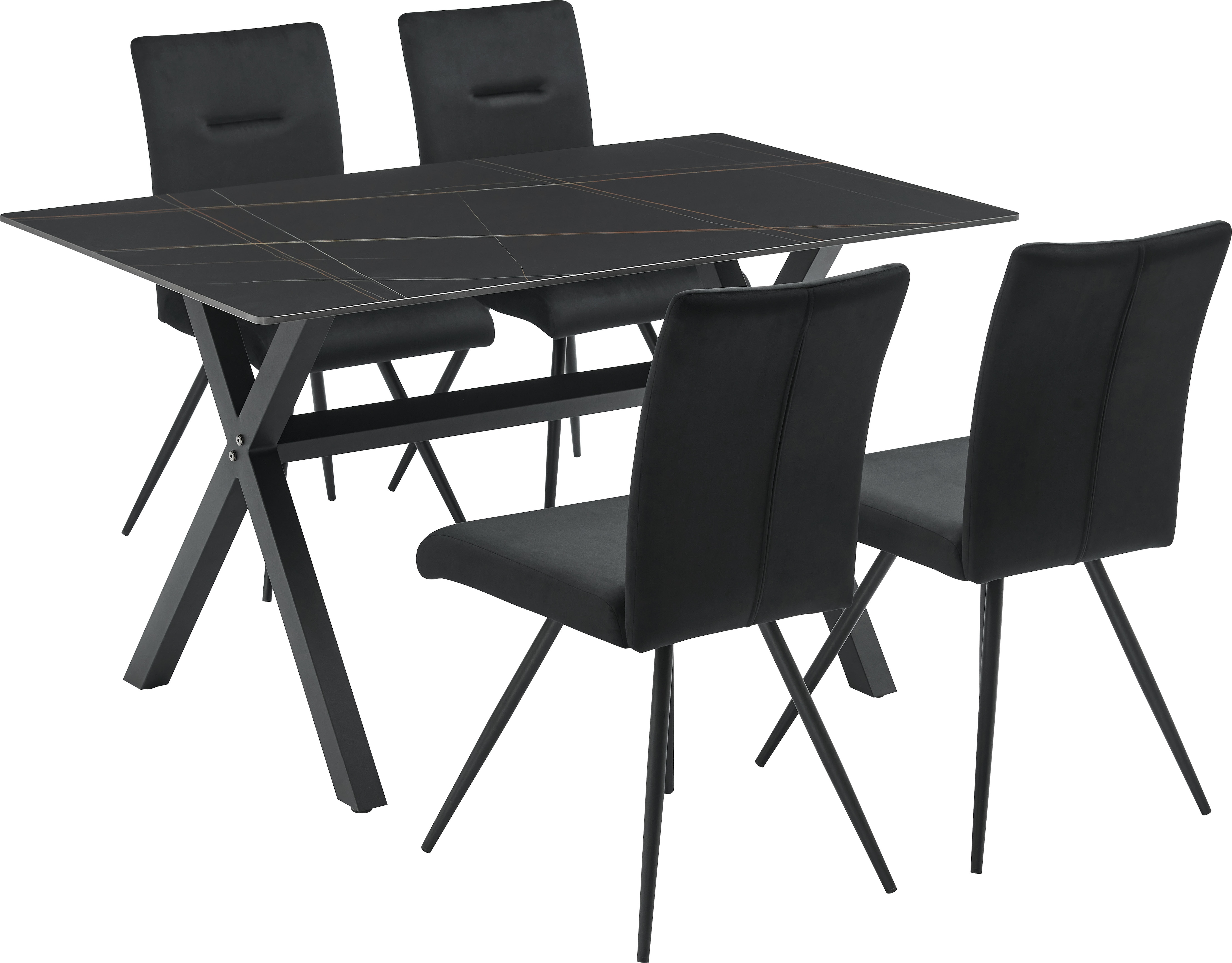 Essgruppe OTTO HOME "Arye", schwarz, schwarz,, Samtvelours, FSC-zertifizierter Holzwerkstoff, Keramik, Metall, Polyester, Polywood, Sitzmöbel-Sets, Samt- oder Strukturstoffbezug, Metallgestell, Tischplatte Sinterstein Image