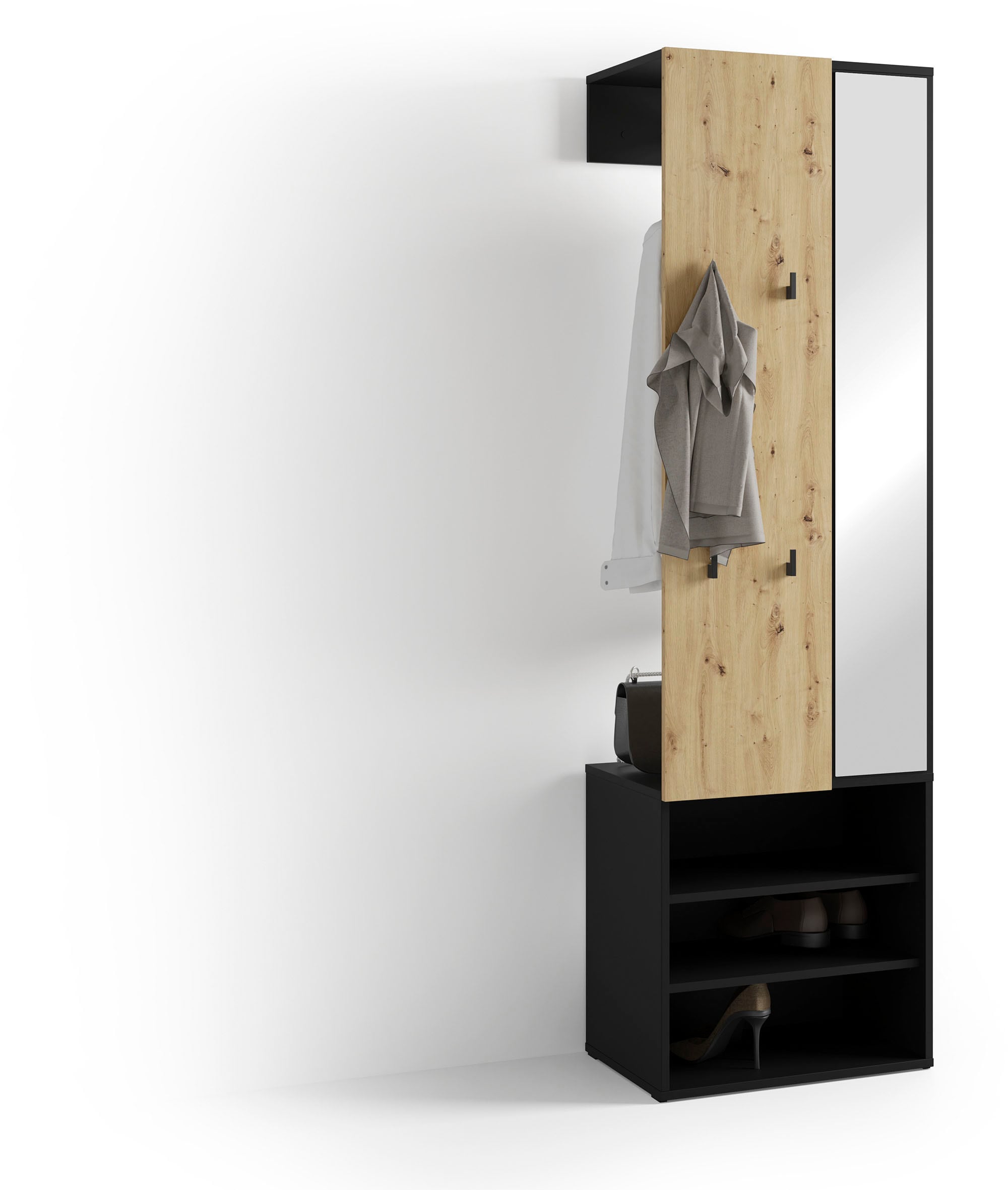 Kompaktgarderobe BYLIVING "Dielen - Set Andorra", schwarz, artisan eiche, B:55cm H:187,5cm T:40,5cm, FSC-zertifizierter Holzwerkstoff, Glas, Kunststoff, Metall, Schränke, maximale Ordnung auf wenig Fläche mit Spiegel, Kleiderstange und Haken