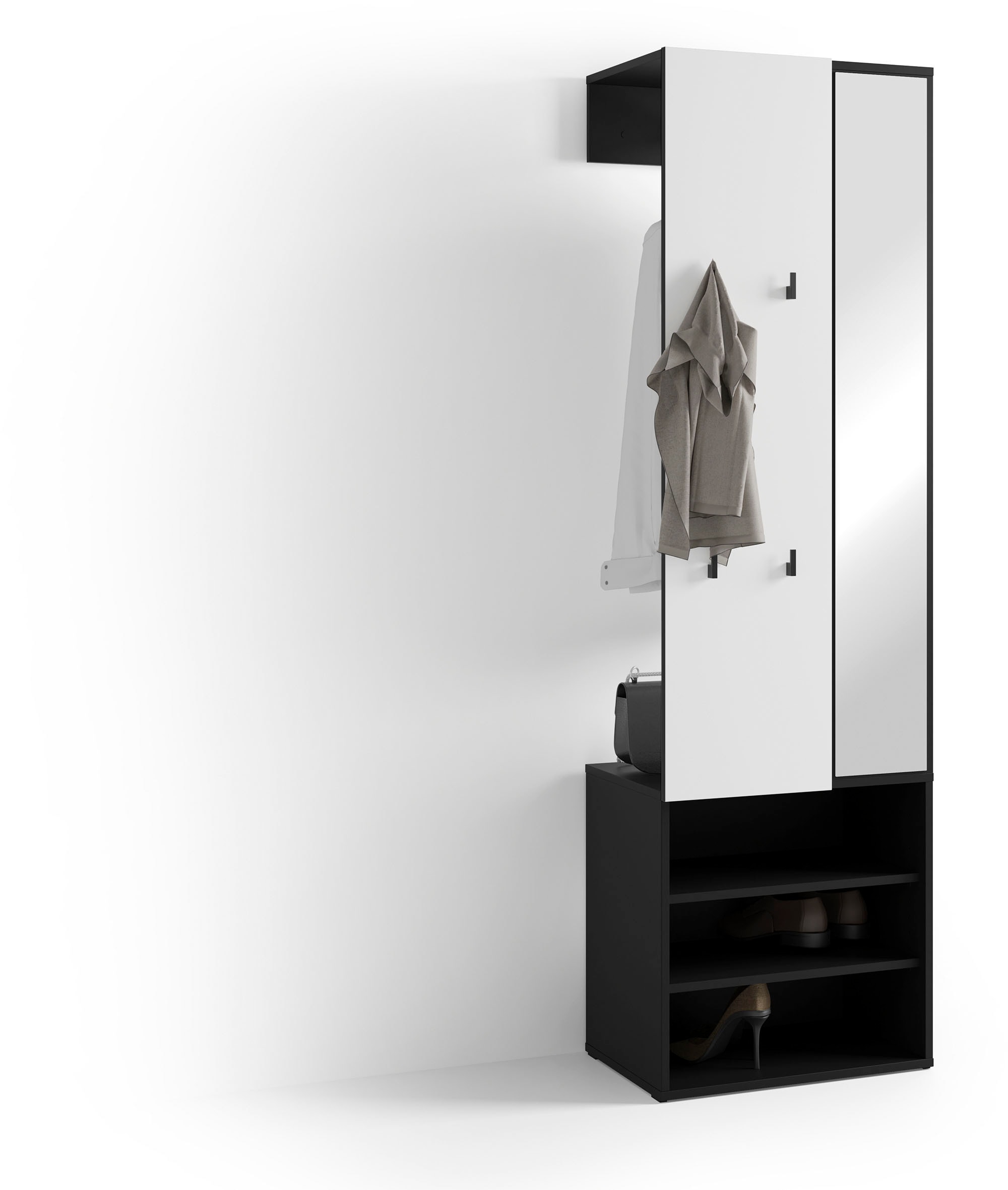 Kompaktgarderobe BYLIVING "Dielen - Set Andorra", schwarz, weiß, B:55cm H:187,5cm T:40,5cm, FSC-zertifizierter Holzwerkstoff, Glas, Kunststoff, Metall, Schränke, maximale Ordnung auf wenig Fläche mit Spiegel, Kleiderstange und Haken