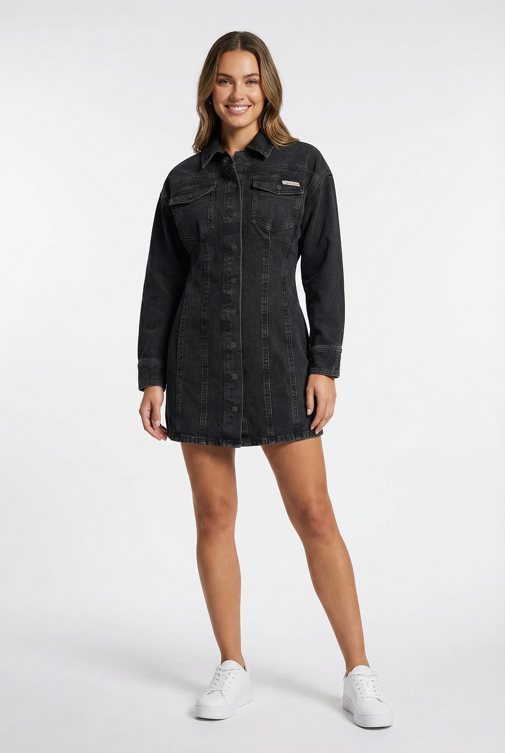 Jeanskleid CALVIN KLEIN JEANS "LS DENIM MINI DRESS", Damen, Gr. L (42), N-Gr, ck essential schwarz, Denim/Jeans, Obermaterial: 99% Baumwolle, 1% Elasthan, unifarben, figurbetont mini, Rundhals, eingesetzt angesetztes Bündchen, Kleider, Mit...