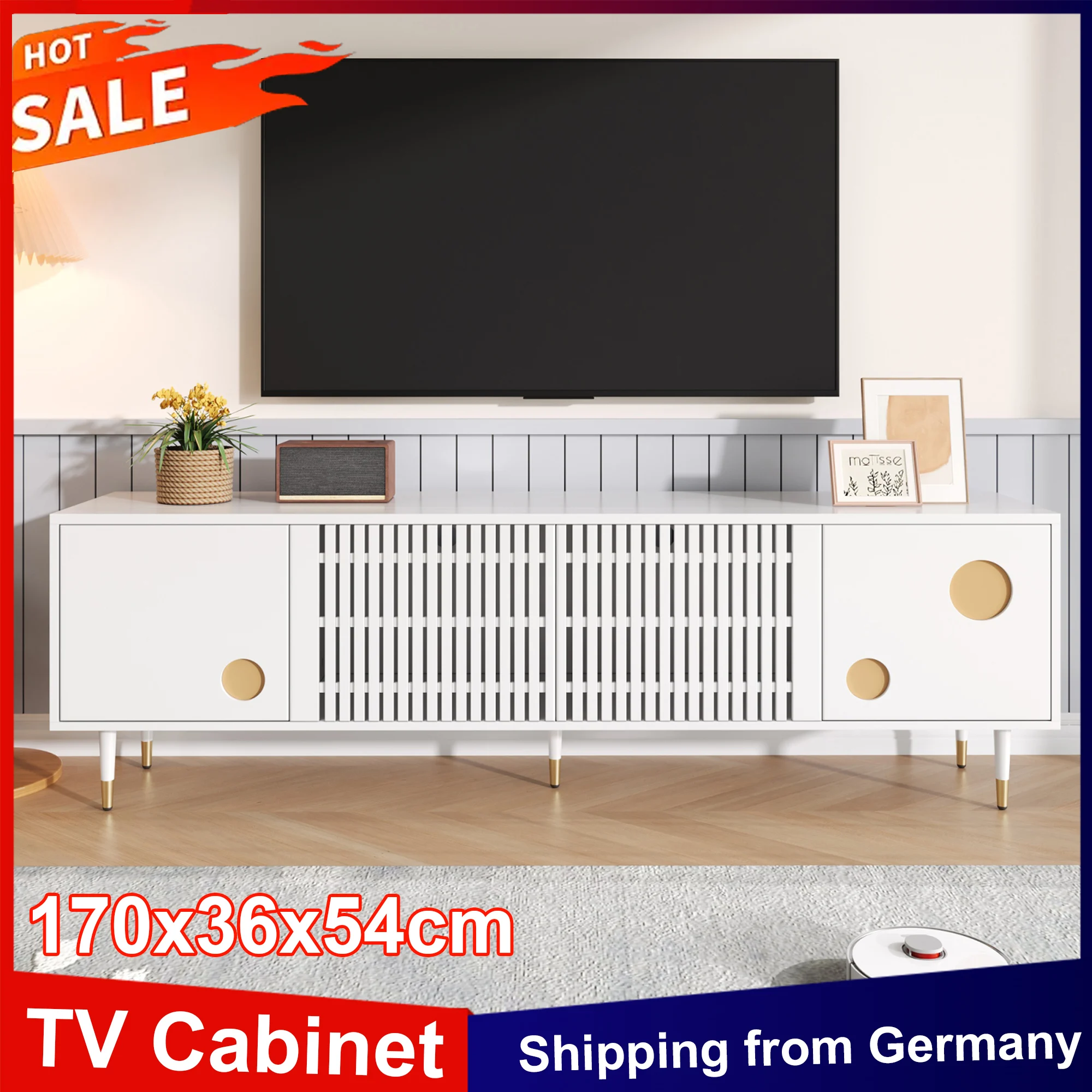Anajqaqia Meuble TV 170x36x54cm, meuble TV avec structure en treillis, panneau bas TV avec 4 portes, meuble TV de salon, blanc