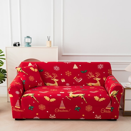Weihnachtssofabezug mit Bohème-Print, staubdicht, allmächtig, Schonbezüge, Stretch-Sofabezug, superweicher Stoff, Couchbezug mit einem kostenlosen Booster-Bezug (Sessel/Zweisitzer/3-Sitzer/4-Sitzer) Image