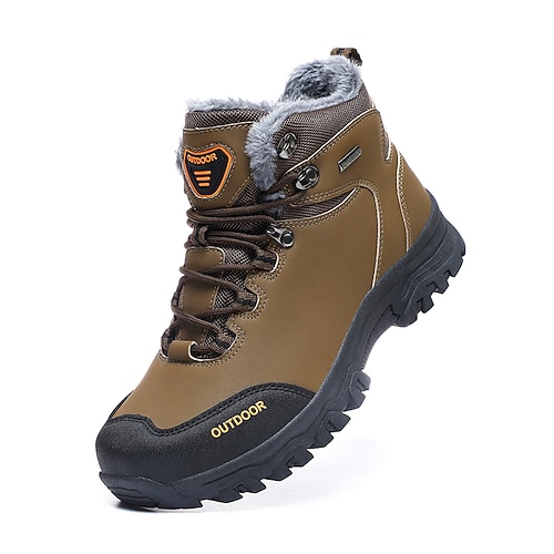Khakifarbene wasserdichte Wanderstiefel für Herren mit Fellfutter und rutschfester Laufsohle, warme Outdoor-Trekkingstiefel für Wintercamping und Bergpfade Image