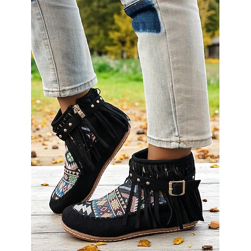 Damen-Mokassinstiefel mit Fransen und buntem Ethno-Print, lässige Stiefeletten für Herbstoutfits, Festivals Alltagskleidung Image