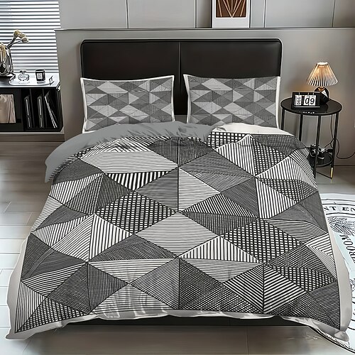 3-teiliges Daunenbettbezug-Set mit abstrakter Geometrie für große Betten, weicher, kurzer, flauschiger Bettbezug mit 2 Kissenbezügen – gemütliche Bettwäsche für Hotelzimmer komfortabel Image