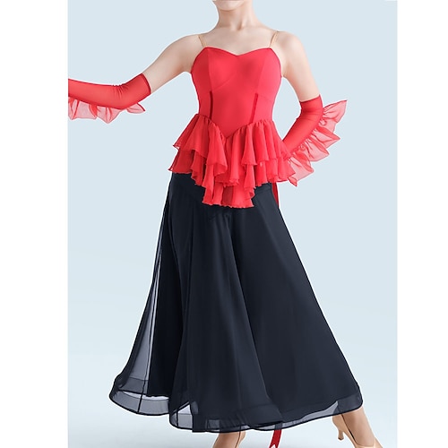 Damen-Ballsaal-Tanzkleid, Latein-Tango-Übungs- und Performance-Set, Rüschenoberteil und fließender Chiffonrock, elegantes zweiteiliges Outfit – Rot Schwarz Image