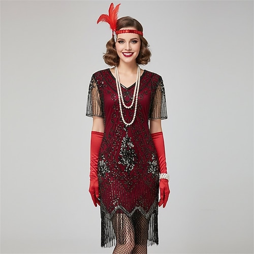 Set Goldene Zwanziger 1920er Flapper Kleid Cocktailkleid mit Zubehör Der große Gatsby Flapper-Mädchen Pailletten Quastenfransen Quastenfransen Pailletten Kostüm Damen Festkleidung Neujahr Image