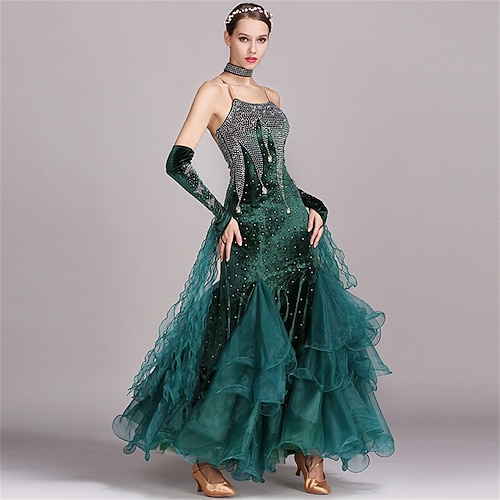 Damen-Ballsaal-Tanzkleid, smaragdgrün, Strass, Samt, Netz, Organza, mehrlagig, Tango, Walzer, Foxtrott, Wettkampf-Performance-Kleid Image