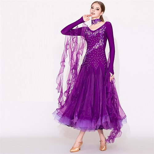 Damen Ballsaal Tanzkleid rosa floral Strass Organza mehrlagig elegant Walzer Foxtrott Wettbewerb Performance Kleid Image