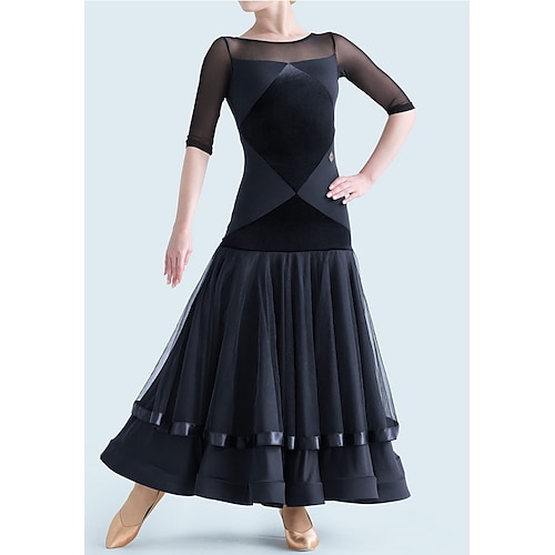 Ballsaal-Tanzkleid für Damen, halbarm, Netzstoff, Walzer, Tango, Latein, Übungs- und Wettkampfkleid, eleganter schwarzer Chiffonrock Image