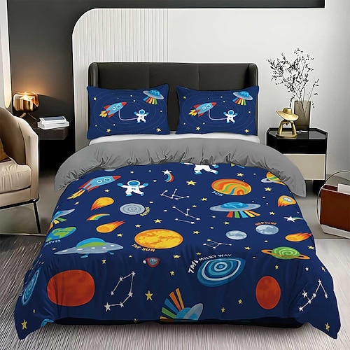 3-teiliges Daunenbettbezug-Set mit Sternenhimmel-Astronautenmotiv für Queensize-Betten, weicher, kurzer Fleece-Bettbezug mit 2 Kissenbezügen – Hotelbettwäsche, gemütlich komfortabel Image