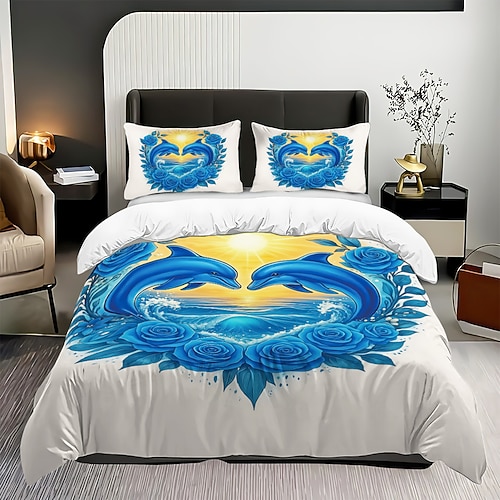 3-teiliges Bettbezug-Set mit Liebesblumen-Delfin-Print, weicher, flauschiger Bettbezug mit 2 Kissenbezügen für die Dekoration von Hotels, Gästezimmern oder Schlafzimmern Image
