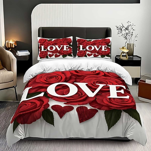 Red Rose Love 3-teiliges Daunenbettbezug-Set für große Betten, weicher, kurzer Fleece-Bettbezug mit 2 Kissenbezügen – Hotelbettwäsche, gemütlich komfortabel Image