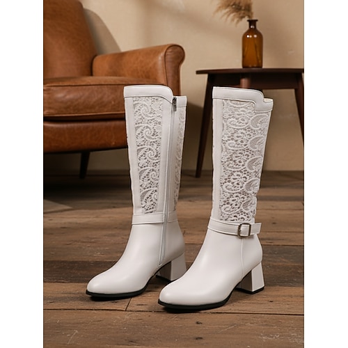 Kniehohe Stiefel aus weißem Spitzenbesatz für Damen mit Schnallenriemen und Blockabsatz, elegante Vintage-Hochzeit Party-Mode-Stiefel Image