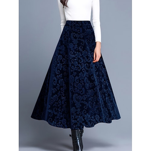 Damen Elegant Mode Lässig Maxi Hohe Taille Röcke Blumen Blumen Mikroelastisch Täglich Straße Blau Wein Purpur Grün Frühling Samt Image