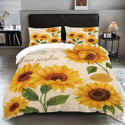 3-teiliges Daunenbettbezug-Set mit Sonnenblumenmotiv für Queensize-Betten, weicher, kurzer Fleece-Bettbezug mit 2 Kissenbezügen – luxuriöse Hotelbettwäsche, gemütlich komfortabel Image