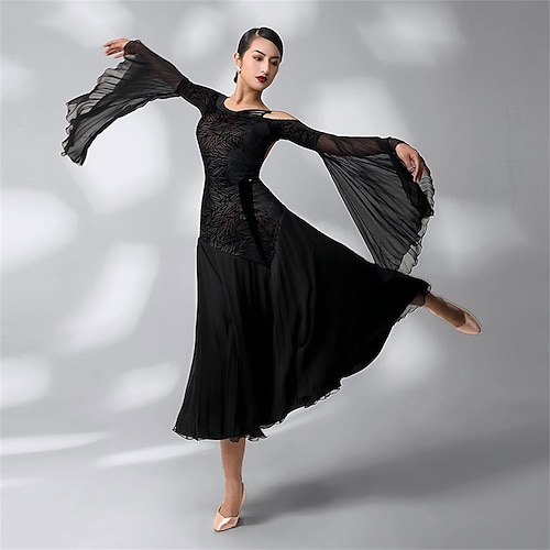 Ballsaal-Tanzkleid für Damen, schwarzer Samt, Chiffon, Flügelärmel, kalte Schulter, elegantes Walzer-Rumba-Foxtrott-Performance-Kleid Image