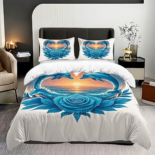 3-teiliges Bettbezug-Set mit Liebesblumen-Delfin-Print, weicher, flauschiger Bettbezug mit 2 Kissenbezügen für die Dekoration von Hotels, Gästezimmern oder Schlafzimmern Image