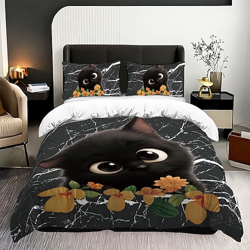 3-teiliges Daunenbettbezug-Set mit Marmorblumen- und Katzendruck für Queensize-Betten, weicher, kurzer Plüsch-Bettbezug mit 2 Kissenbezügen – gemütliche Bettwäsche für Hotelzimmer komfortabel Image