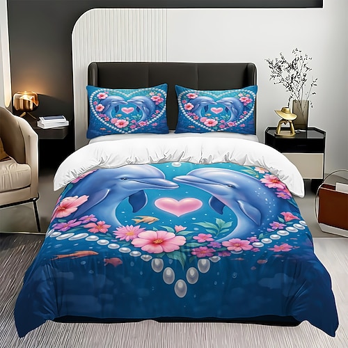3-teiliges Bettbezug-Set mit Liebesblumen-Delfin-Print, weicher, flauschiger Bettbezug mit 2 Kissenbezügen für die Dekoration von Hotels, Gästezimmern oder Schlafzimmern Image