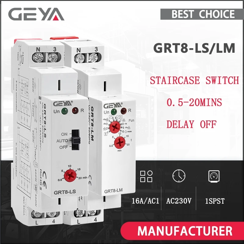 GEYA GRT8-LS/LM DIN-Schiene Treppenschalter Beleuchtung Zeitschaltuhr 230 VAC 16 A 0,5–20 Minuten Verzögerung aus Relais Lichtschalter Image