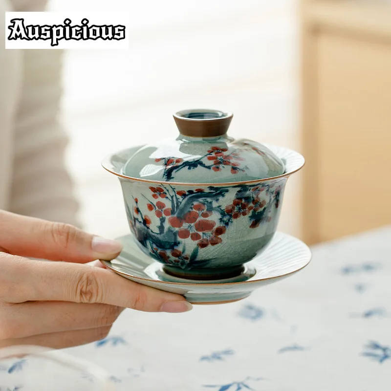 160ml Pure Hand Painted Plum Blossom Gaiwan Creative Ice Glazed Tea Tureen Household Tea Maker Cover Bowl Cha Accessories Gift