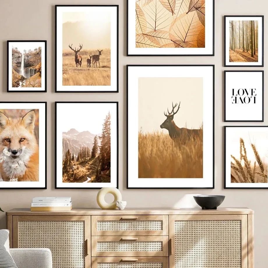 Herbst Weizen Eichhörnchen Wald Fuchs Rentier Poster Drucke Leinwand Malerei Nordic Wand Kunst Bilder für Wohnzimmer Wohnkultur