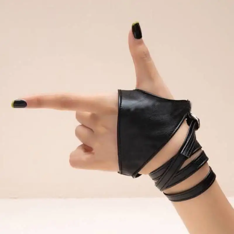 Frauen Sexy Schwarz Halbfinger Gothic Punk Stil Strap Leder Handschuhe Fingerlose Hip-Hop Cosplay Bühne Leistung Zubehör