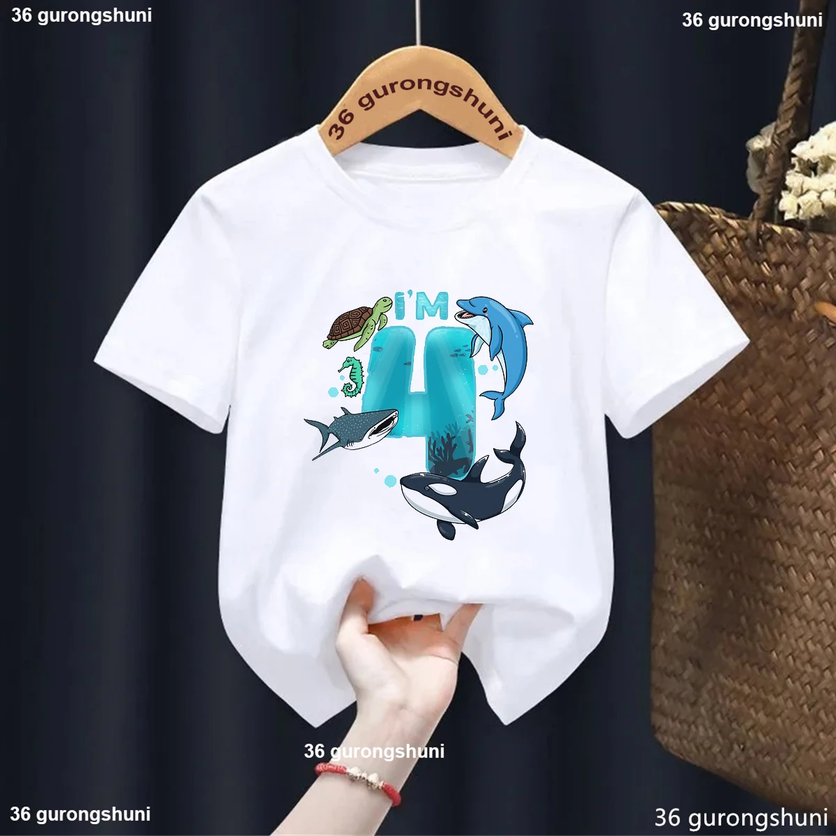 New Ocean Shark and Dolphin 2-10 Number Birthday for Boy/Girl Tshirt, 2025 Summer White Kids Short Sleeve Tops Birthday Gift