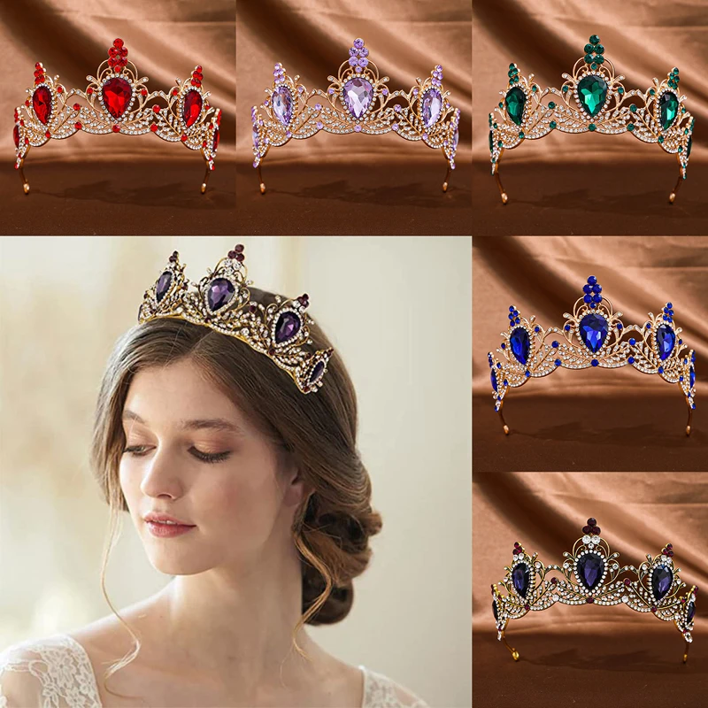 Wassertropfenförmige lila rosa grüne Kristall-Luxus-Königinnenkrone, Braut-Tiara-Stirnbänder für Frauen, Hochzeit, Vintage-Haarschmuck