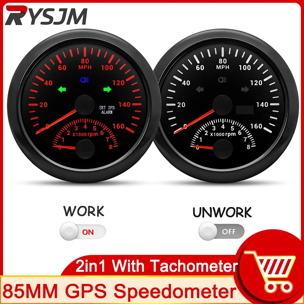 85mm GPS Speedometer with Tachometer 8000 RPM 0~160 MPH with GPS Antenna Mileage Red Backlight for Boat Truck Car Waterproof