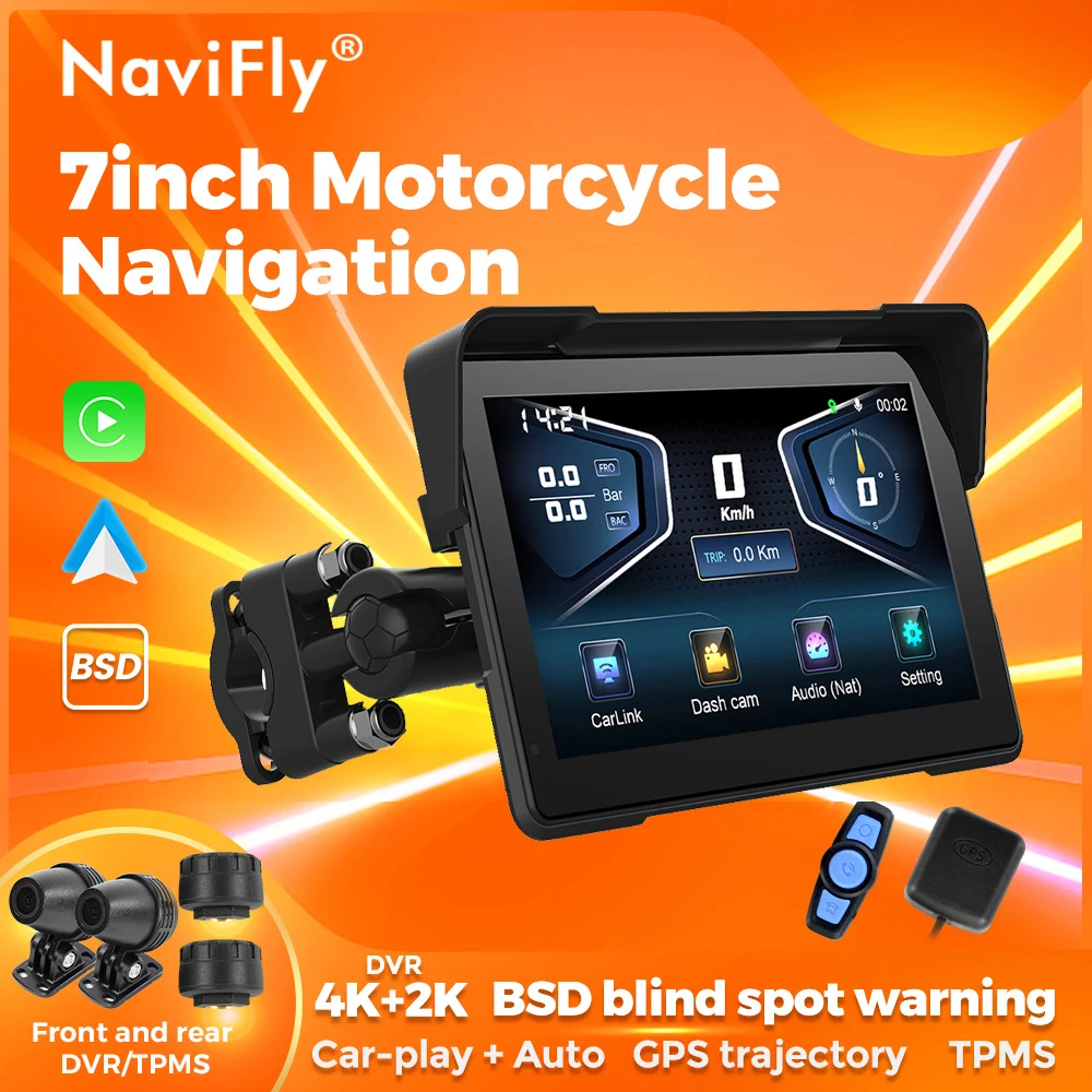 NaviFly 7-Zoll-BSD-Toterwinkel erkennt Motorrad, kabelloses Carplay, Android, Auto, Motorrad, tragbares LCD-Display, Dual-Recorder, TPMS Image