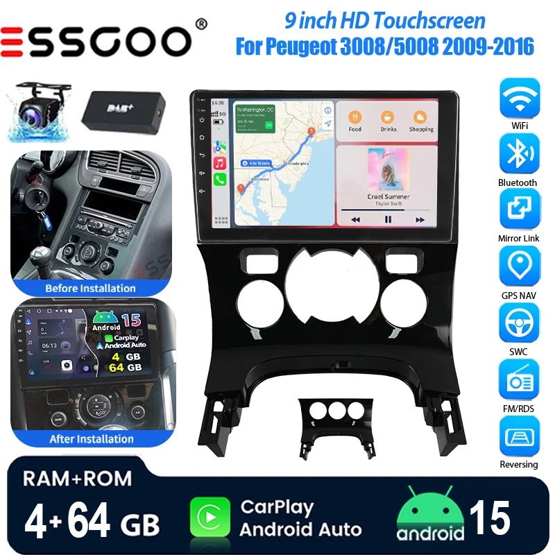 Autoradio ESSGOO Android 15 9" 4+64 GB per Peugeot 3008 5008 2009-2016 Navigazione GPS WiFi CarPlay Wireless Android Auto Bluetooth RDS Mirror Link CANBUS FM Controlli al Volante 2+32 GB Android 14