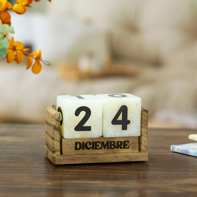 Everlasting Time,'Marble Perpetual Desk Calendar with Natural Wood Base'