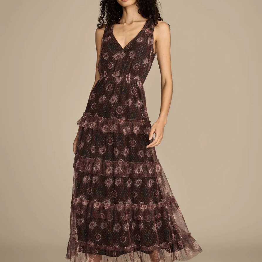 Lucky Brand Floral Mesh Tiered Midi Dress - Women's Clothing Dresses Shirt Midi Dress in Black Floral, Size M