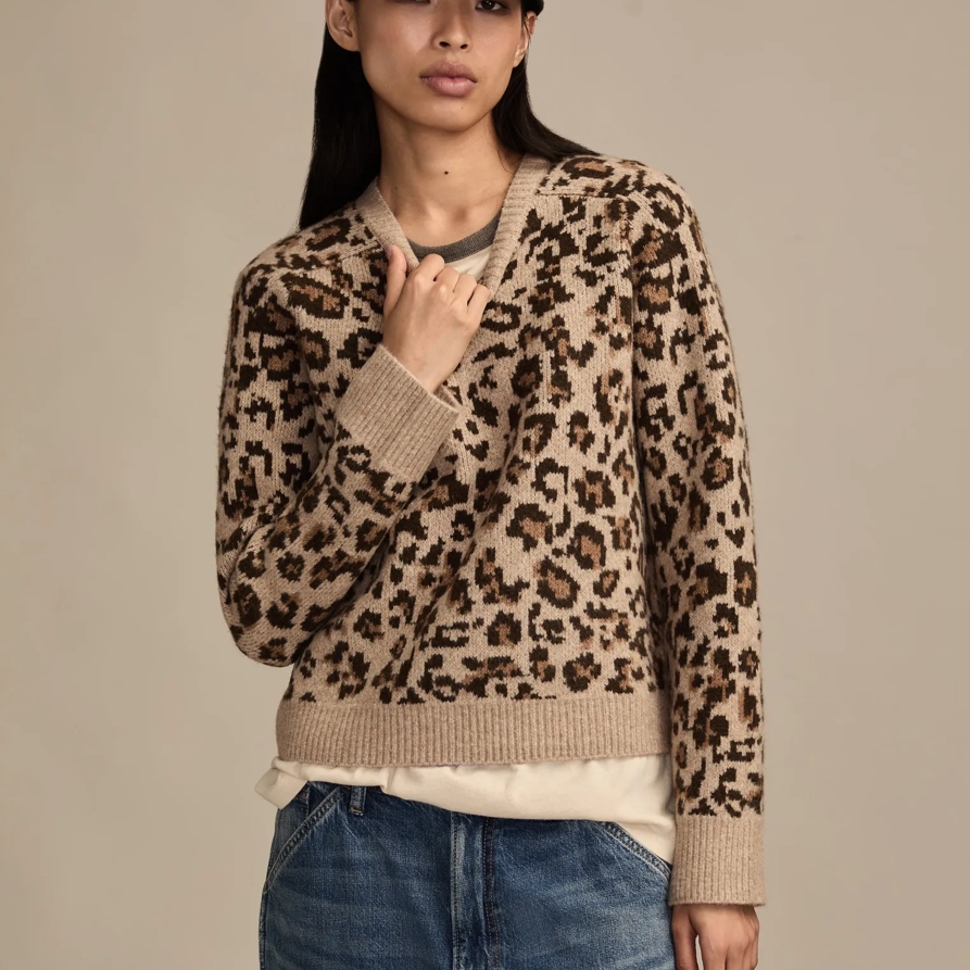 Lucky Brand Cloud Soft Crew Neck Sweater - Women's Clothing Outerwear Tops Sweatshirts Crewneck Hoodies in Leopard Print, Size L