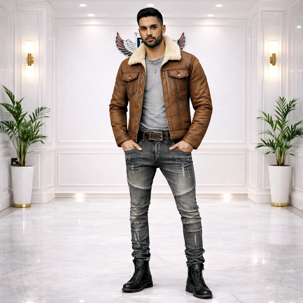 Mens Brown Shearling Leather Jacket Vintage Aviator Bomber Jacket Winter Fur Collar Coat Biker Jacket Gift for Him