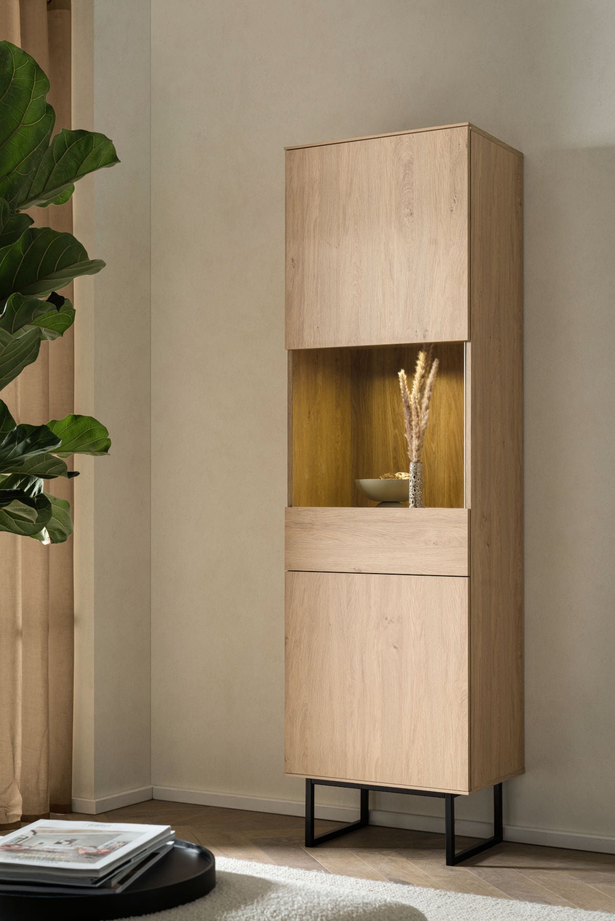 Vitrinenschrank Eiche hell 1-türig 58 cm breit Como