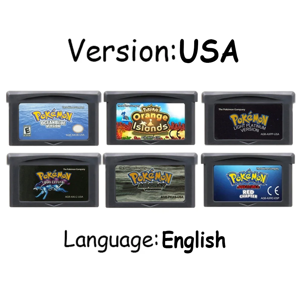 GBA Pokemon Game Cartridge 32-Bit Video Game Console Card AshGray Liquid Crystal Light Platinum Moemon Emerald English Language